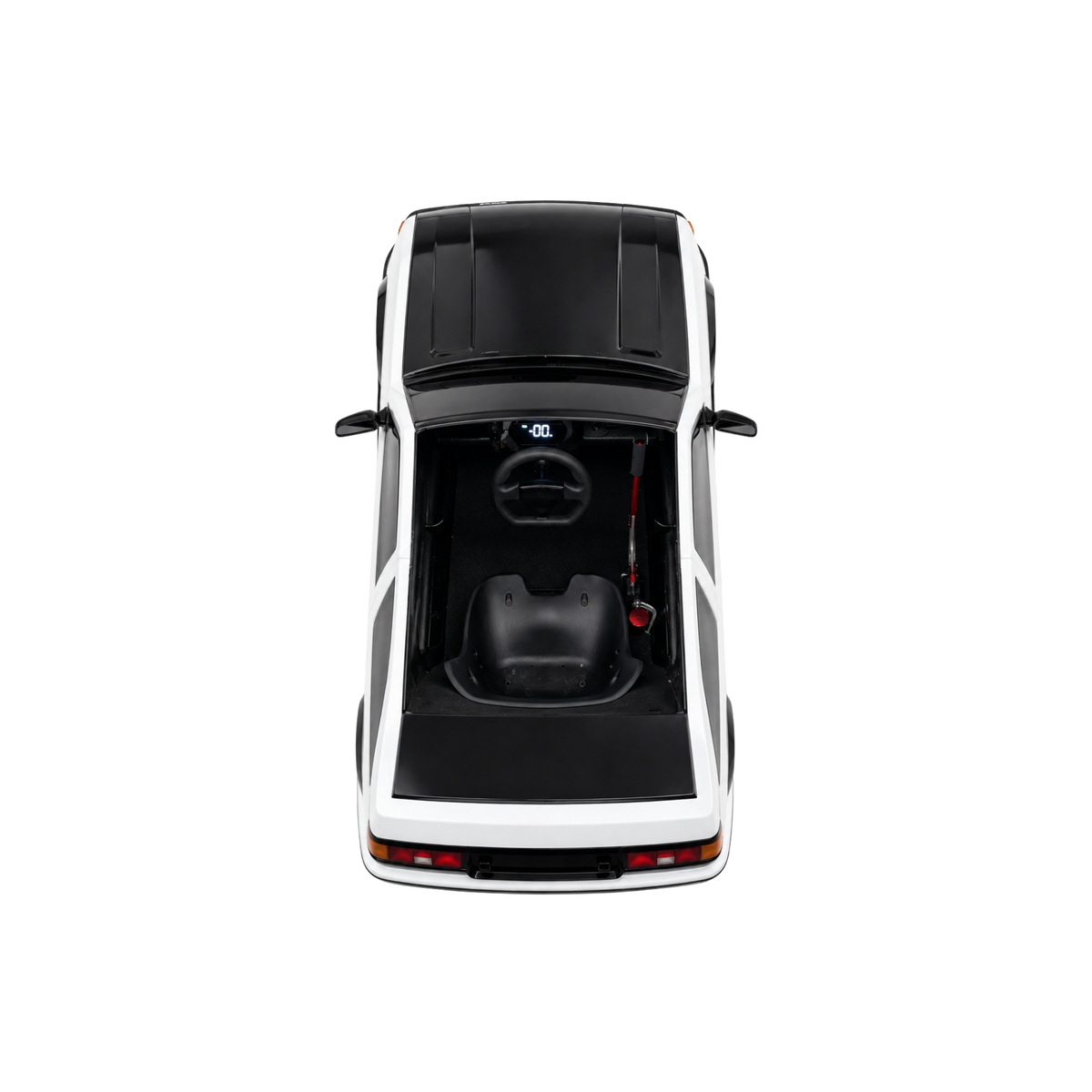 Panda two-tone CRUZ Mini Carmel electric mini car, single-seat cockpit, top-down view.