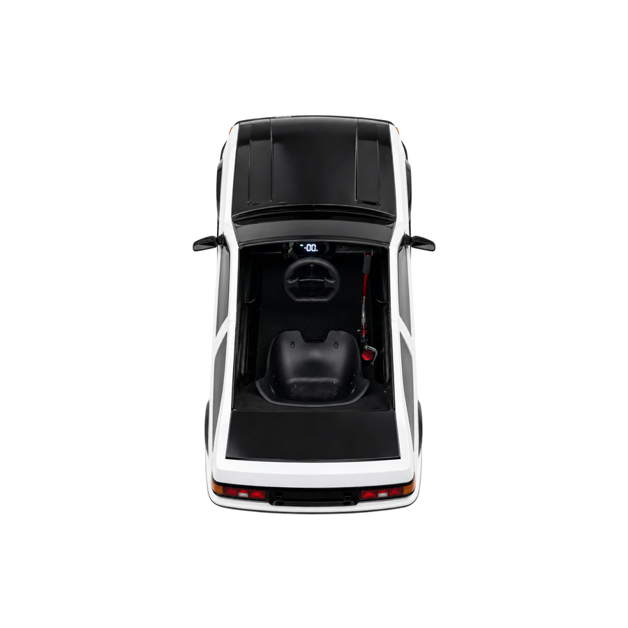 Panda two-tone CRUZ Mini Carmel electric mini car, single-seat cockpit, top-down view.
