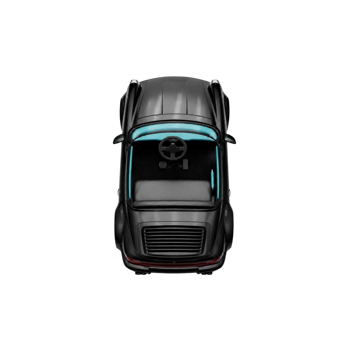 Black CRUZ Mini Monterey electric mini car, single-seat cockpit, top-down view.