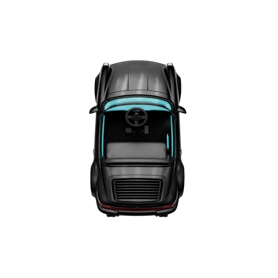 Black CRUZ Mini Monterey electric mini car, single-seat cockpit, top-down view.